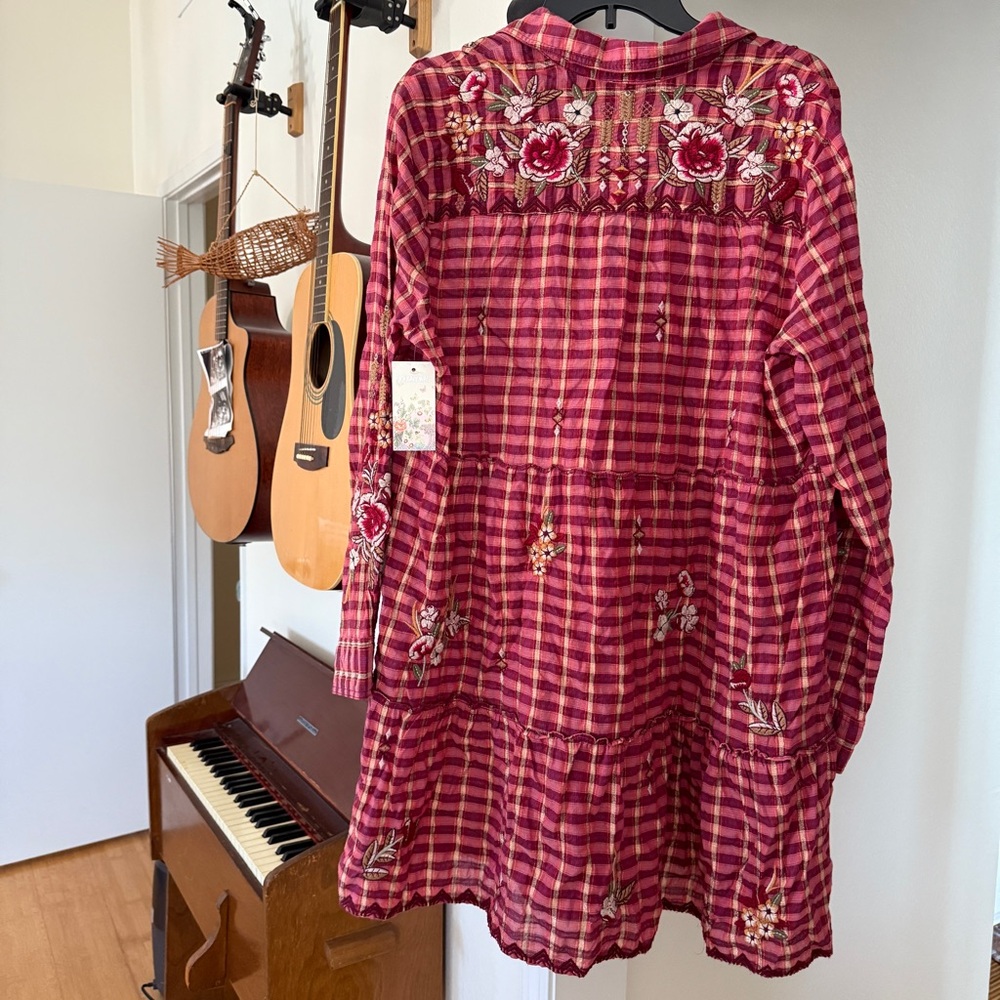 Johnny Was NWT Burgundy Maroon Anacapri Tiered Cotton Mini Dress RARE plaid - Picture 4 of 10